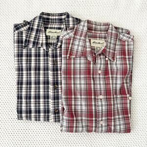 Eddie Bauer Vintage Lot 2 Cotton Heavy Flannel Button Down Plaid Shirts Small